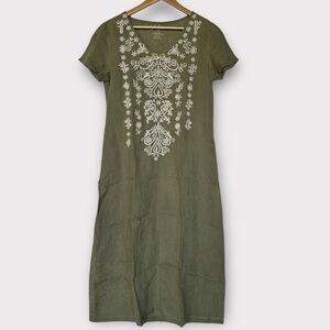 Olive Green‎ Embroidered Midi Boho Chic Ethnic Linen Festival Dress Size XS